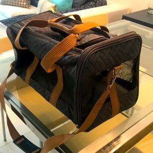 Sherpa dog carrier grey quilted 11”x19 1/2”. Front/top openings hardly used